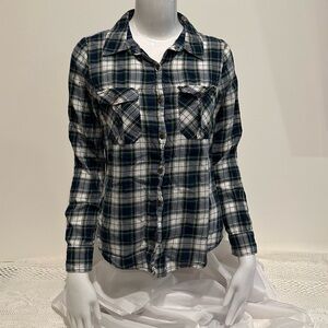Forever 21 Flannel button down navy green yellow white plaid shirt  size small